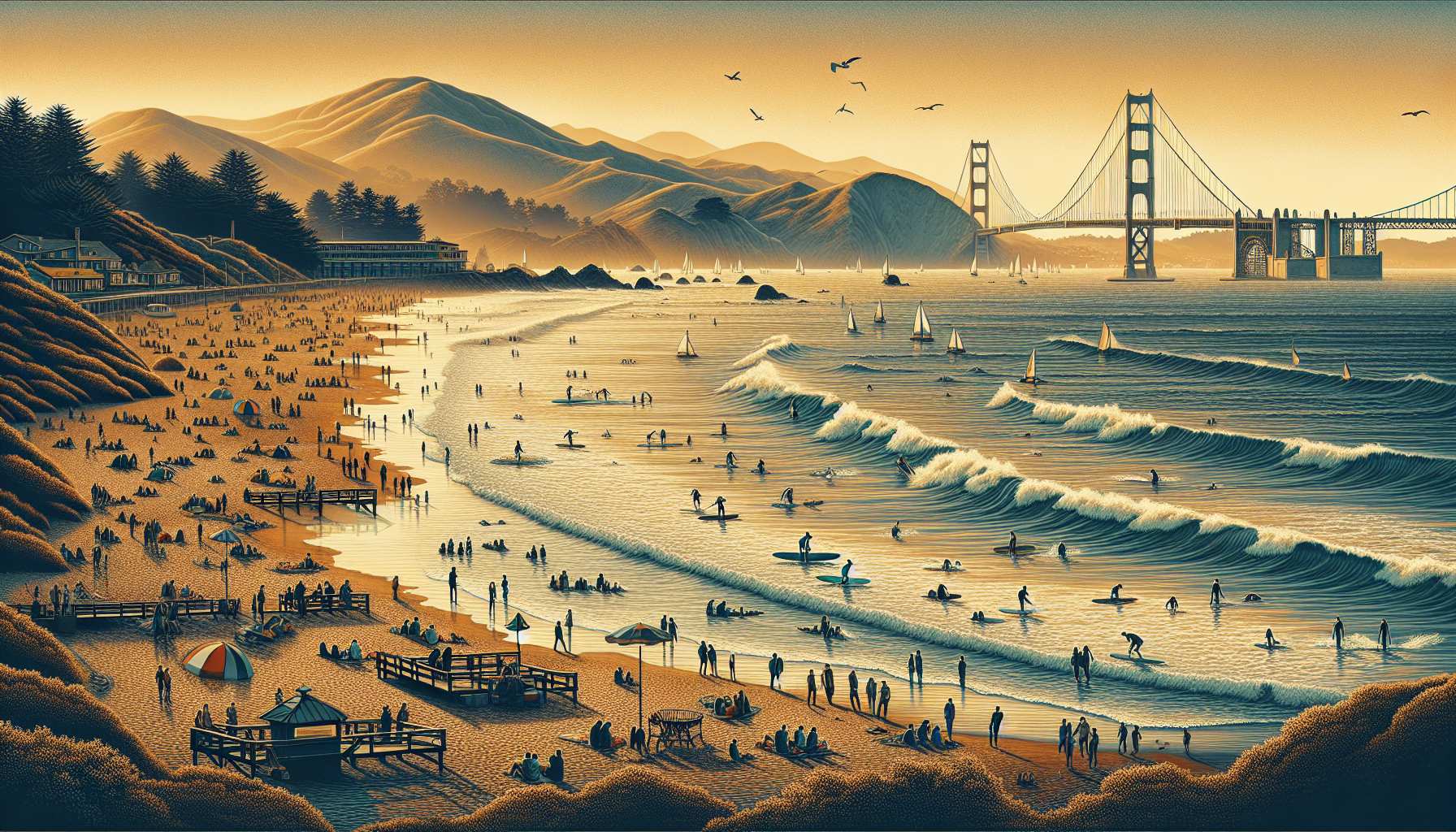 Vue des plages de San Francisco, Golden Gate, surfers, pique-nique