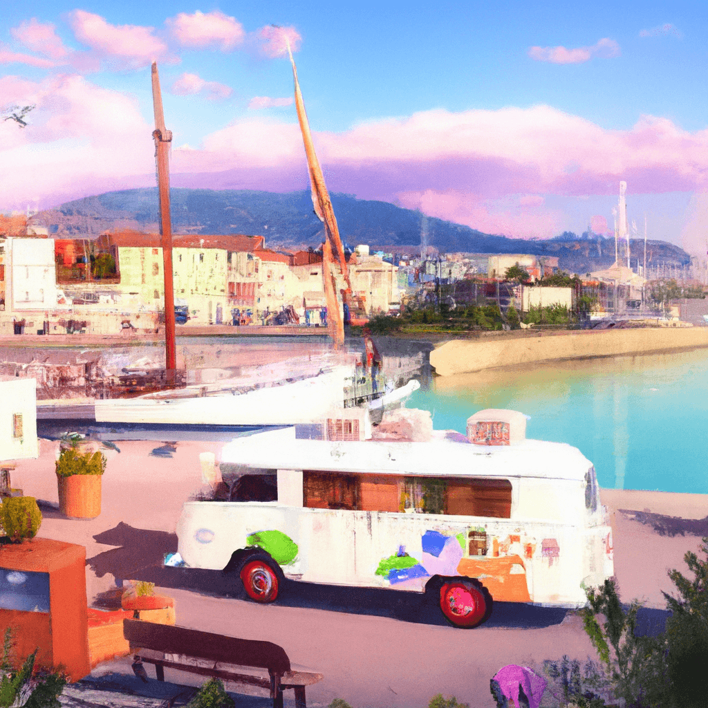Wohnmobil in Marseiller Landschaft mit Lavendelfeld, Hafen und Café