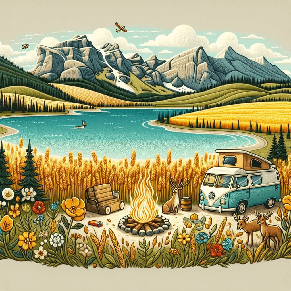 Campervan in Alberta, turquoise lake, wheat fields, canola, wildlife