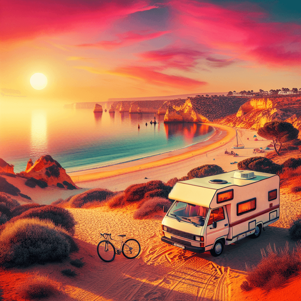 Camper, bicycle near it, and coastal sunset view for camper-hire website.
