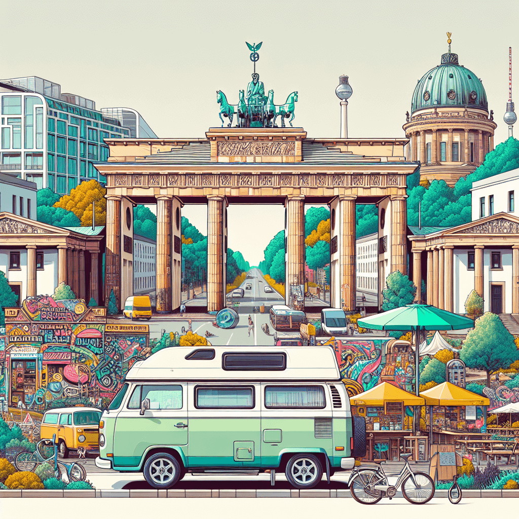 Camper van amidst Berlin's famous landmarks and local life.