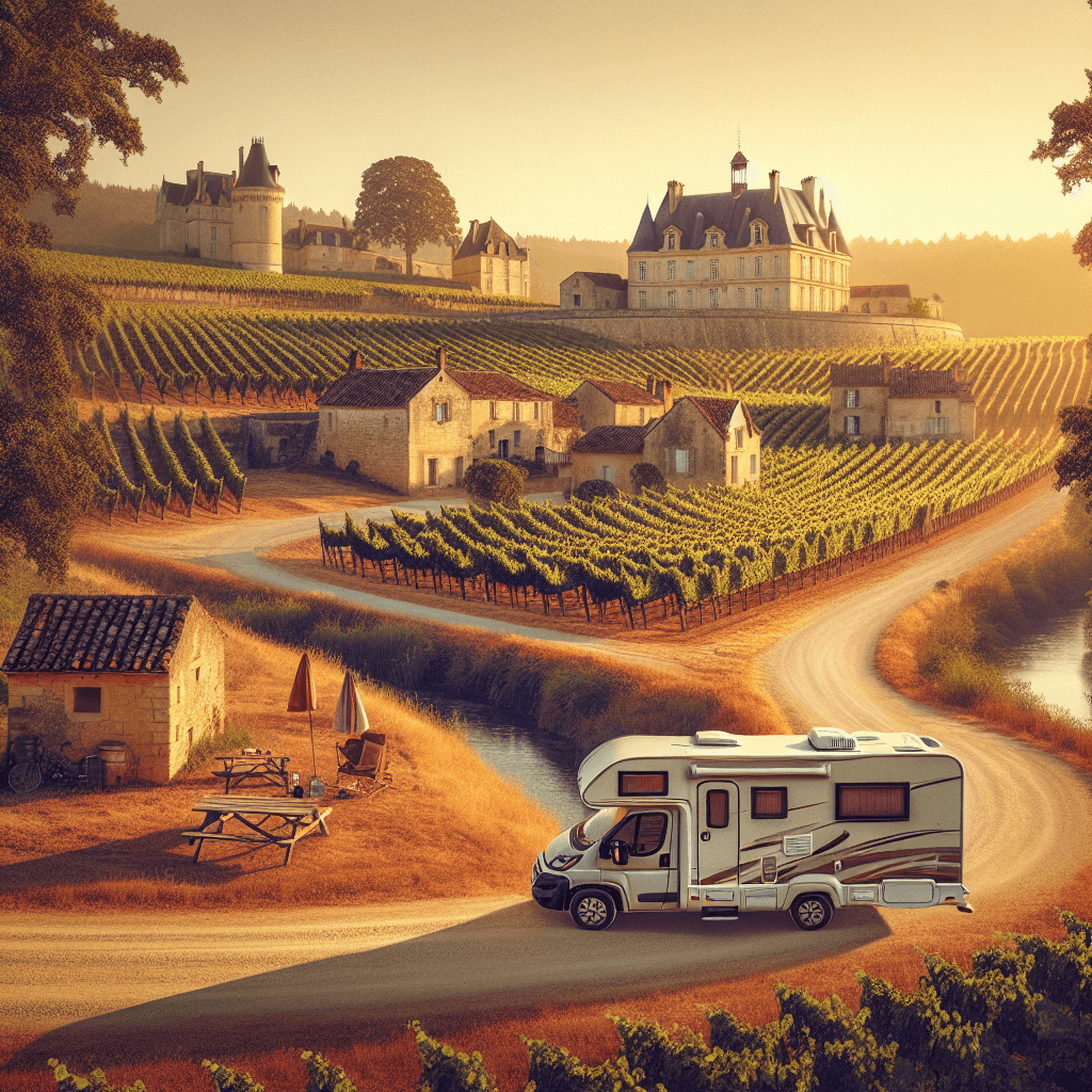 Camper in Bordeaux vineyards, chateau, stream and picnic setup