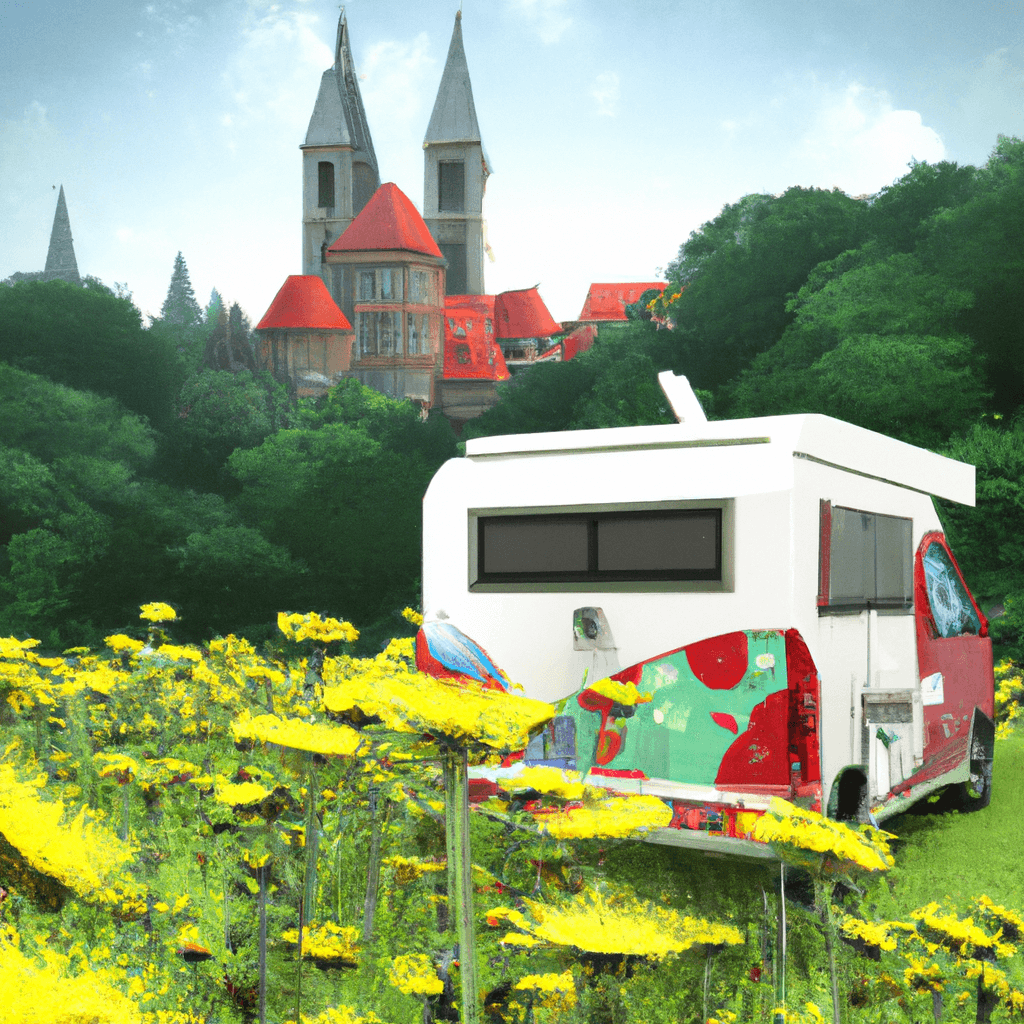 Camper in Aachener Landschaft mit Dom, Carolus Thermen und Blumenfeldern
