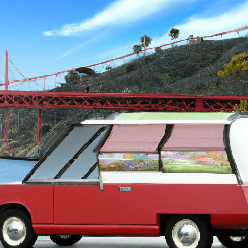 Autocaravana en paisaje de San Francisco con puente, casas victorianas y tranvías