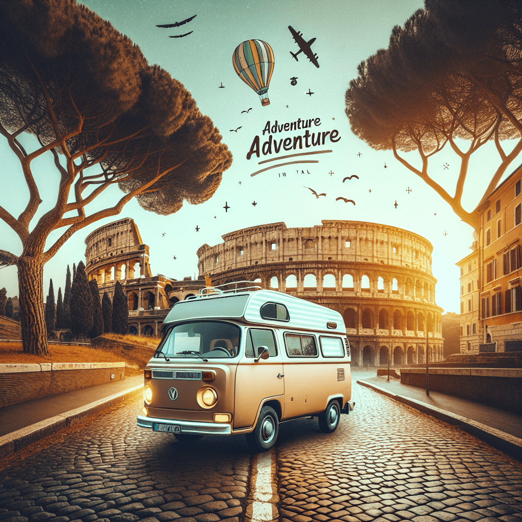Campervan set amidst Roman cobblestone streets, Colosseum, Italian Pines