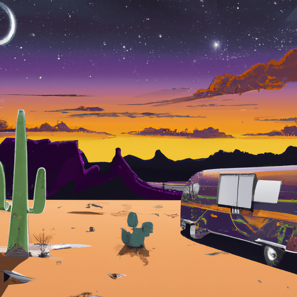 Camionnette dans le coucher de soleil de Phoenix, personnes autour du feu, cactus et montagnes.