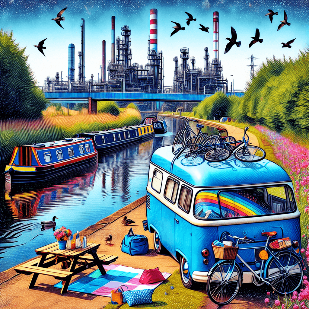 Blue camper with bicycles by lively Shropshire Union Canal, picnic and distant Stanlow Refinery.