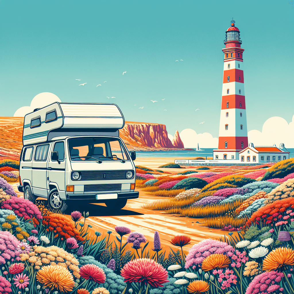 Campervan on Faro landscape with lighthouse, sky, wildflowers