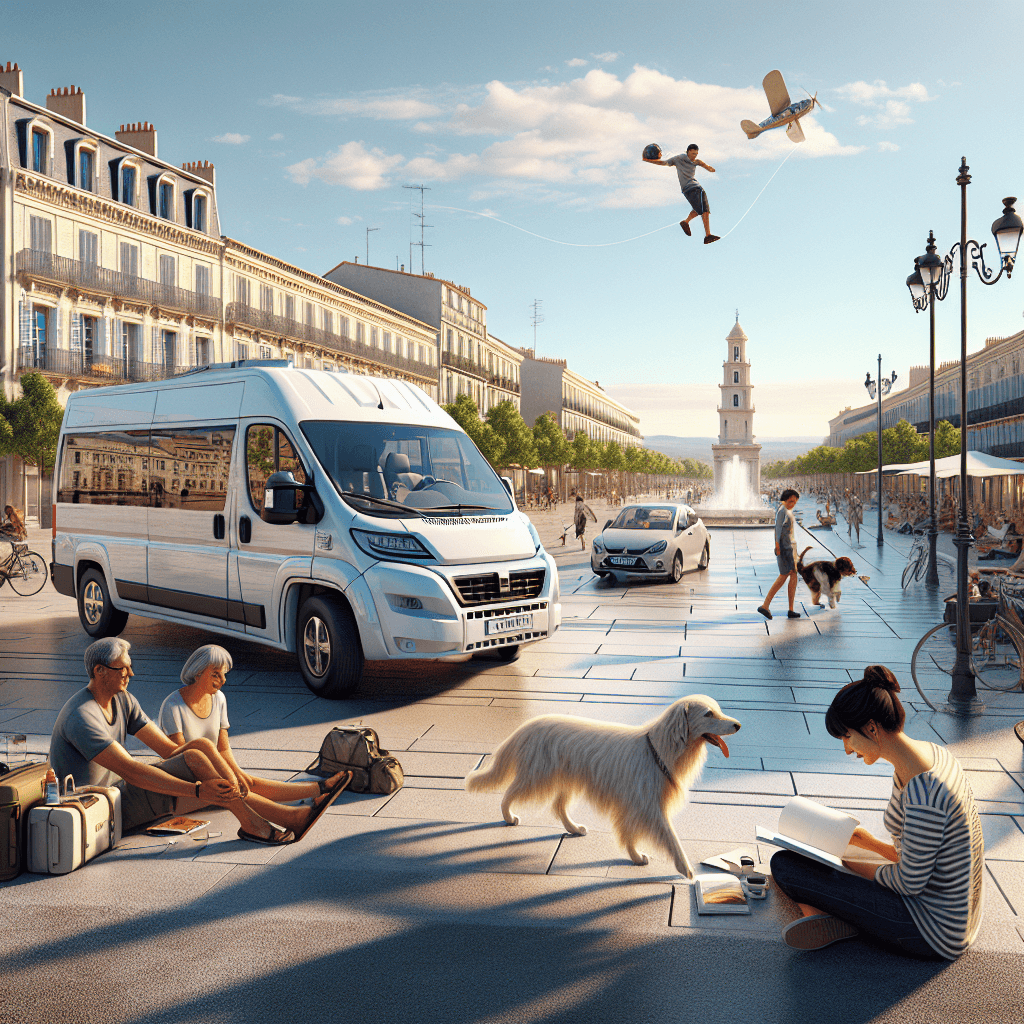 White hire campervan in vibrant Montpellier landscape with people