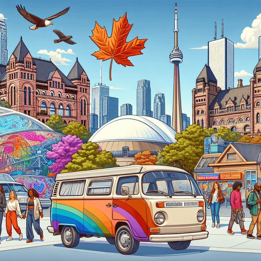 Colourful campervan among bustling Toronto landmarks, maple trees, fauna