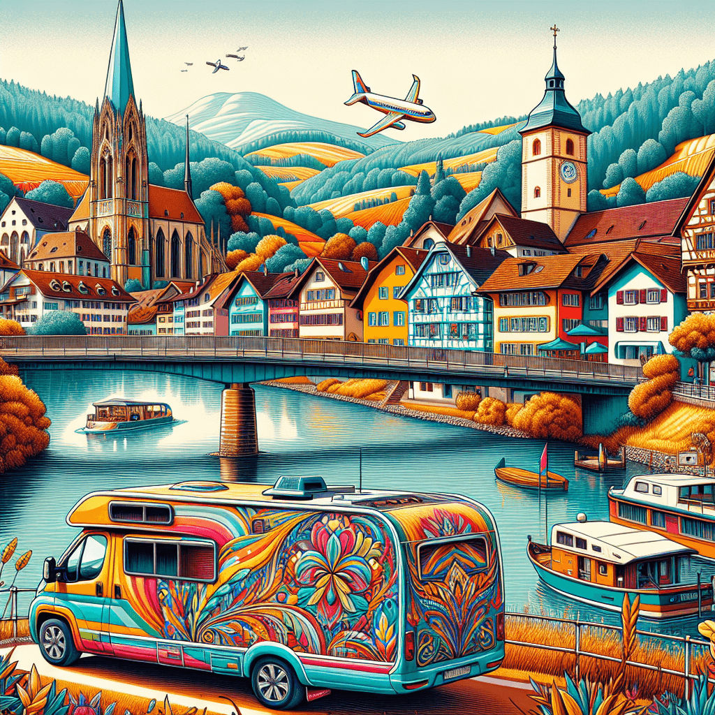 Colourful campervan in scenic Rheinfelden with prominent historic structures