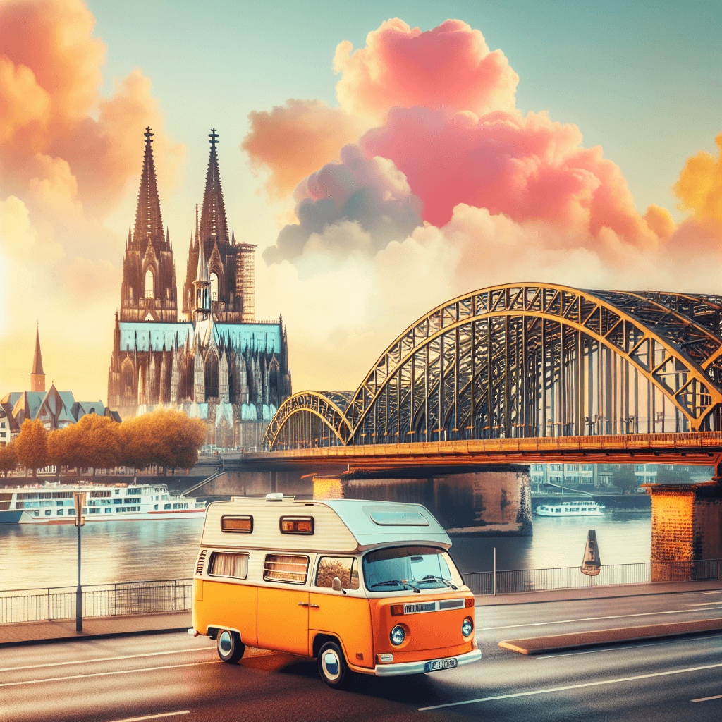 Cheerful campervan in Cologne landscape with Cathedral and bridge