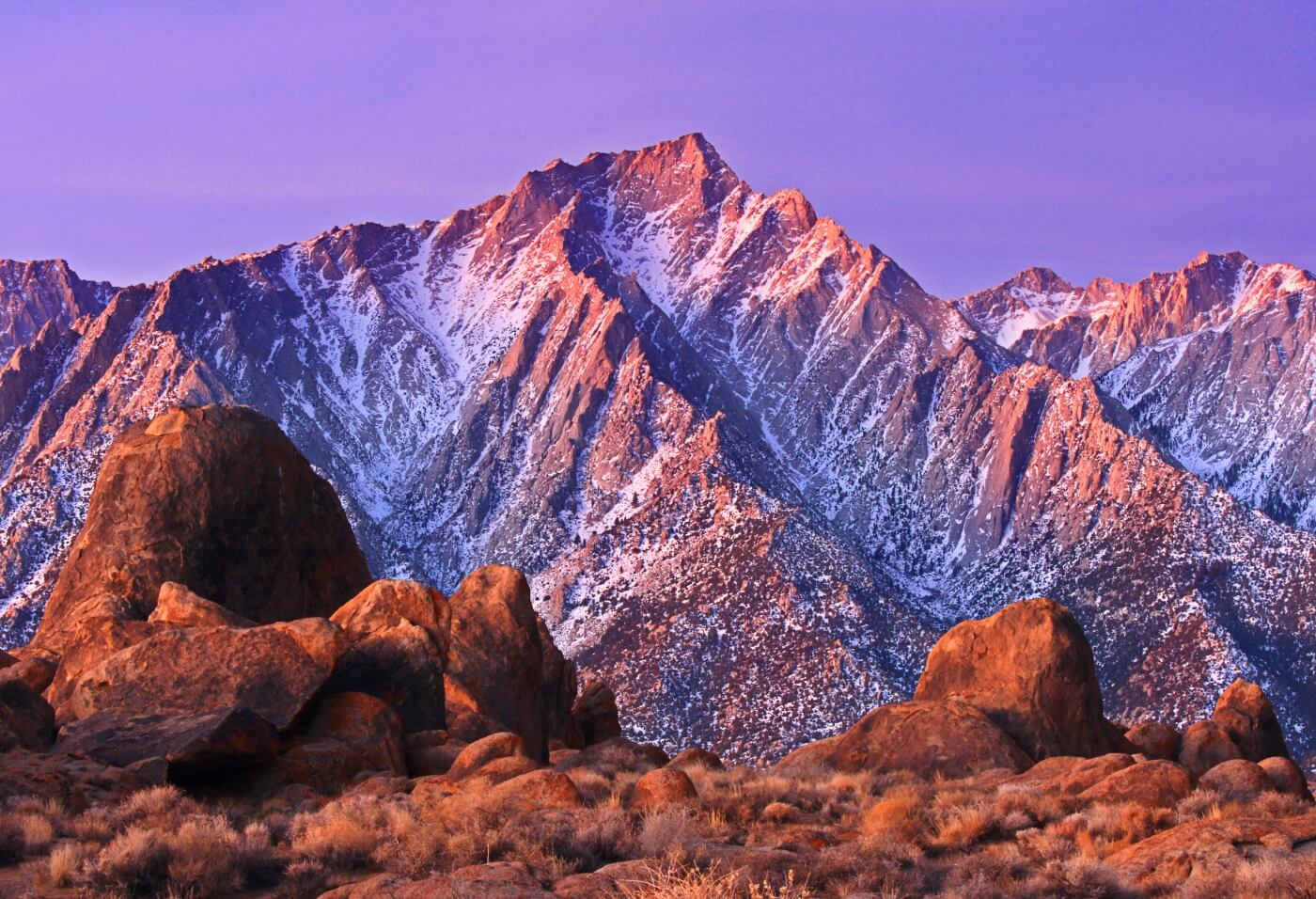 Alabama Hills sunrise over snow-dusted Sierra Nevada peaks