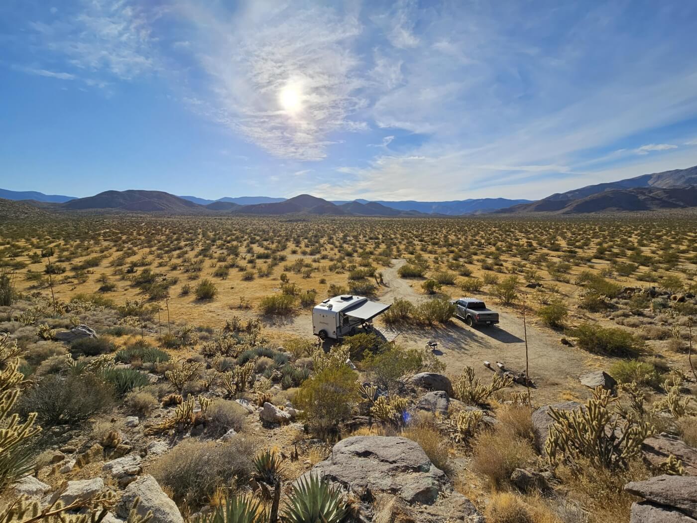 RV boondocking amid cacti plains in Anza-Borrego Desert