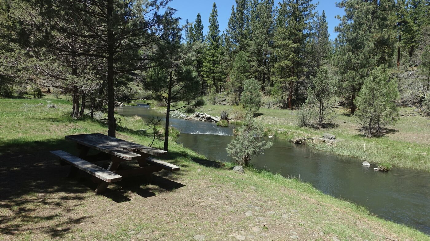 Shaded picnic table beside flowing Ash Creek in pine forest
