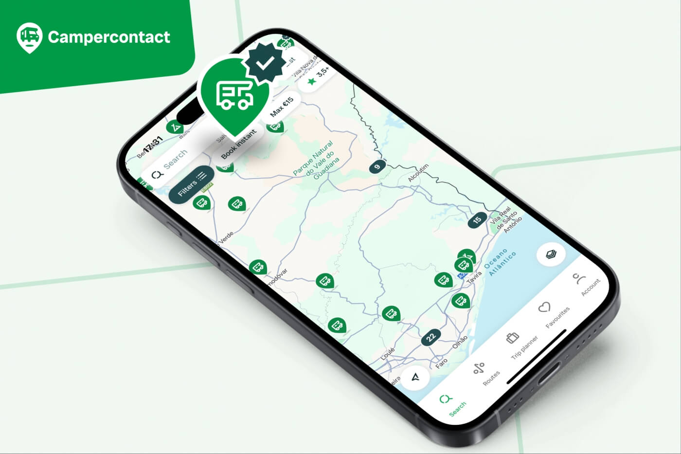 Mapa de áreas de servicio mostrado en la app Campercontact