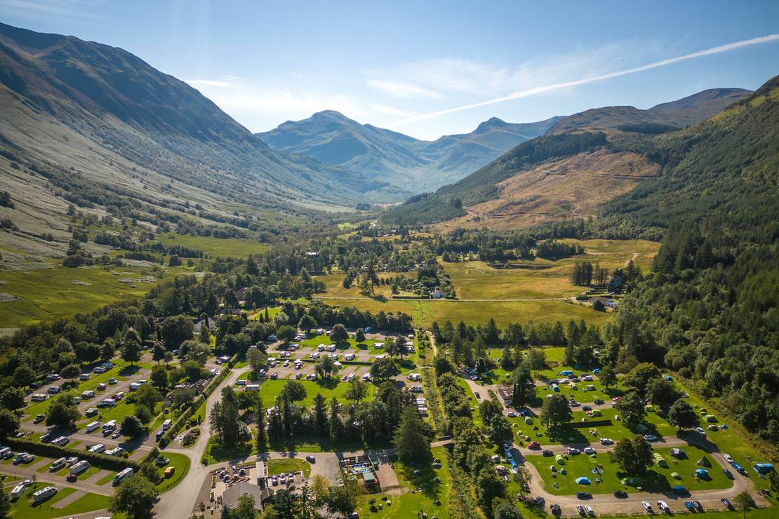 Aerial view of Glen Nevis Caravan and Camping Park in the Highlands.