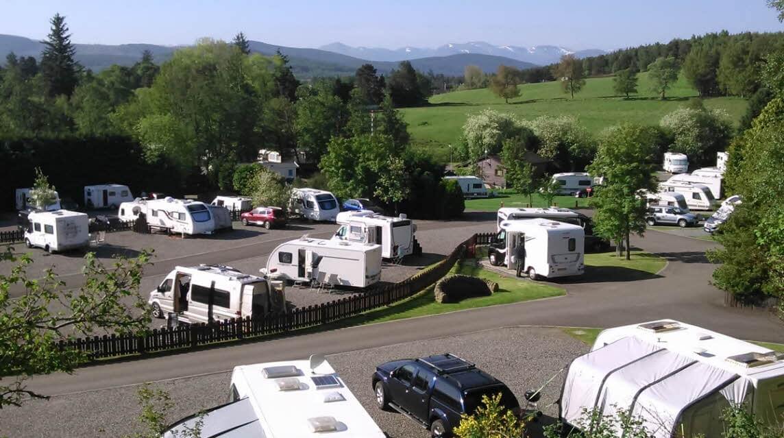Aerial view of Grantown-on-Spey Caravan Park in the Cairngorms.