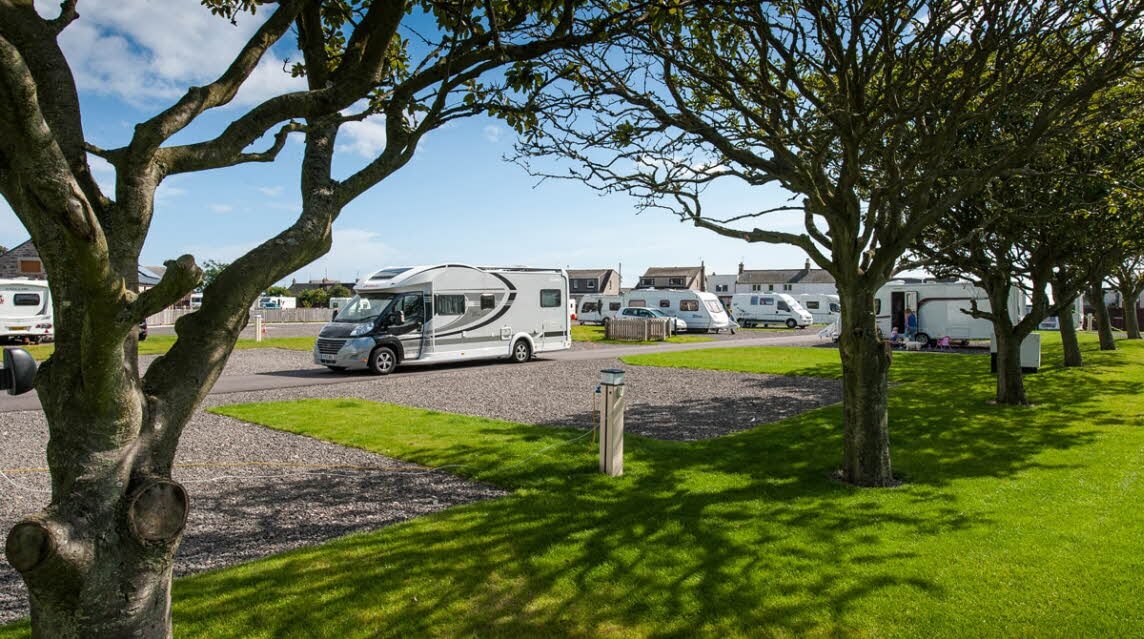 Motorhome pitches at Stonehaven Queen Elizabeth Park Club Campsite.