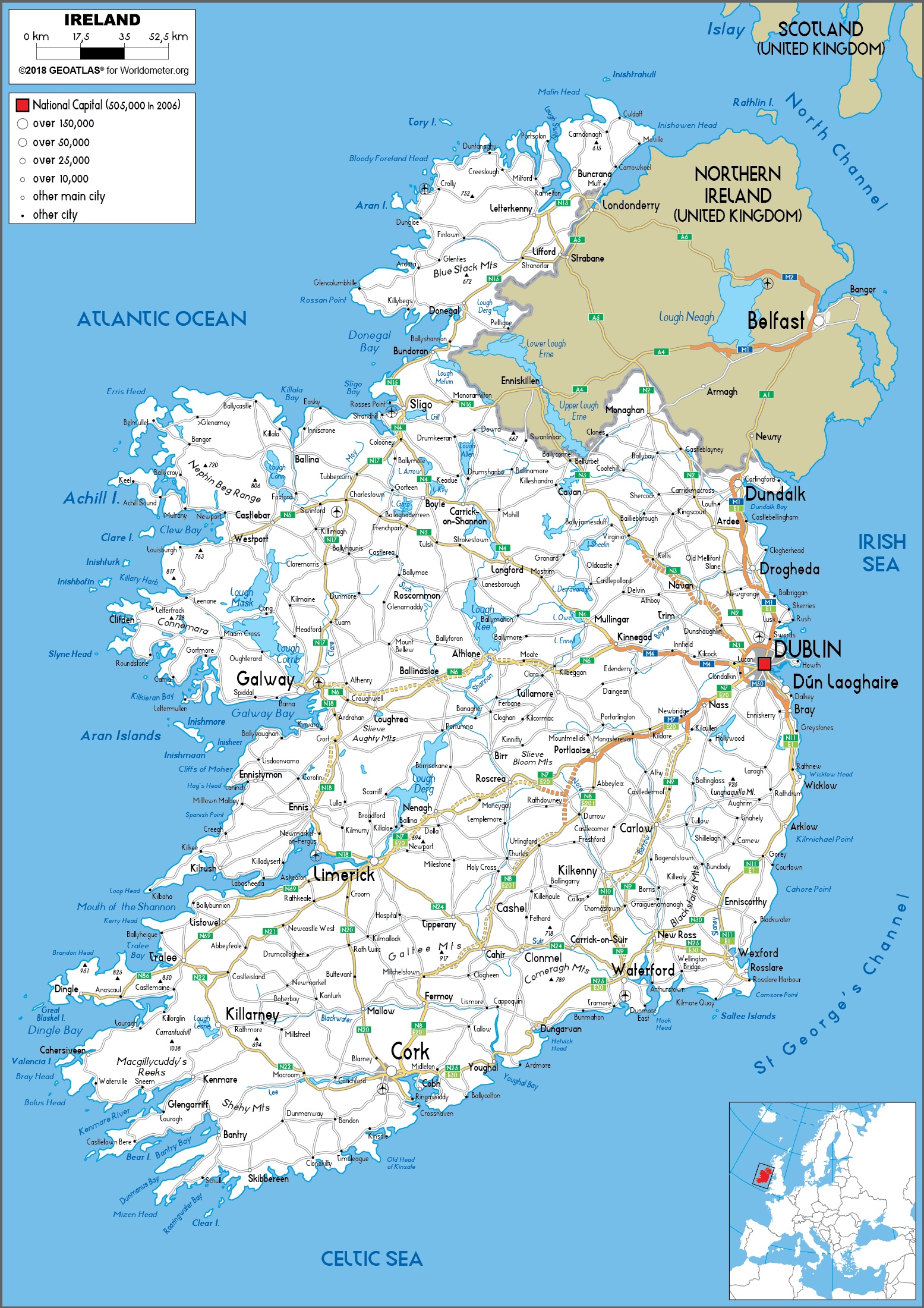 Road map of Ireland with Dublin, Cork, Galway and Belfast