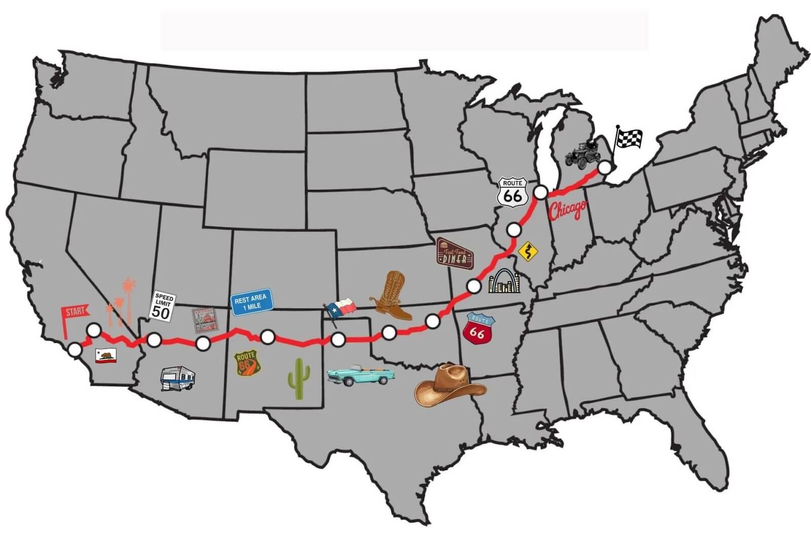 Mappa della Route 66 da Chicago a Los Angeles