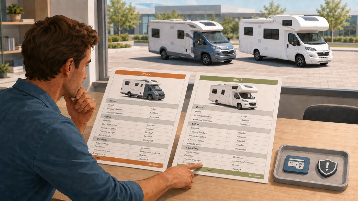 Traveller compares offer sheets for a low-profile motorhome and a white overcab motorhome.