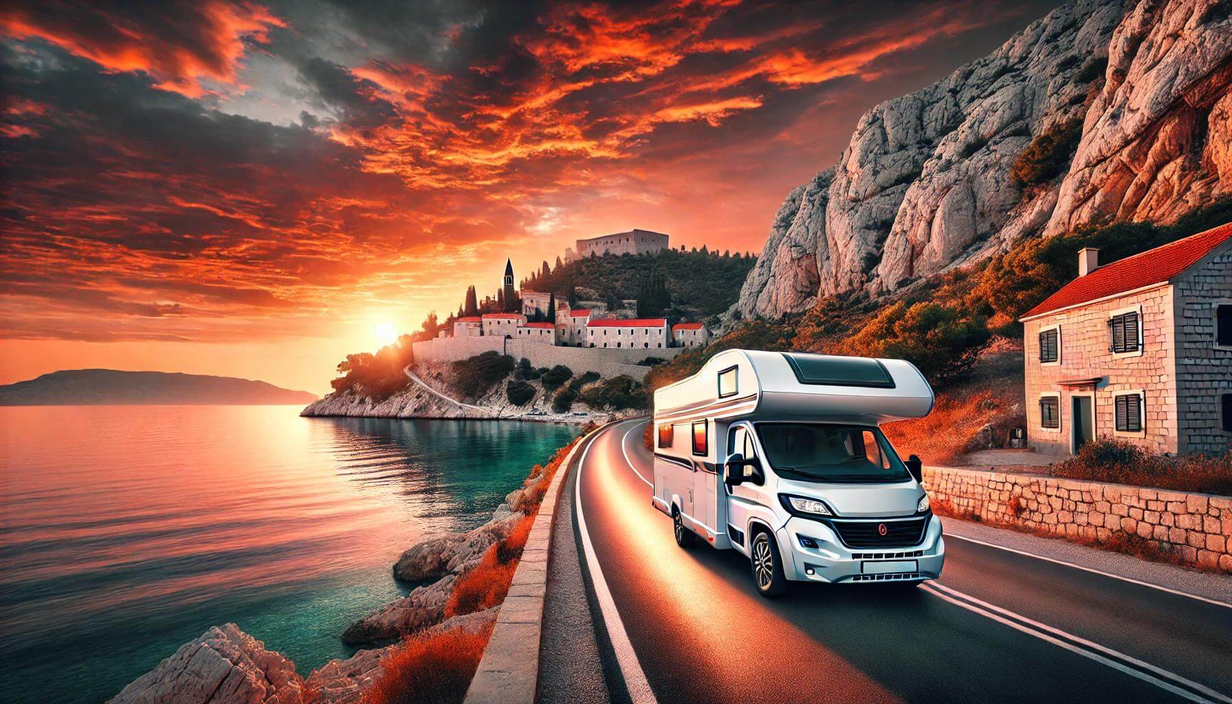 Wohnmobil auf einer Küstenstraße in Kroatien bei Sonnenuntergang, mit historischem Dorf.