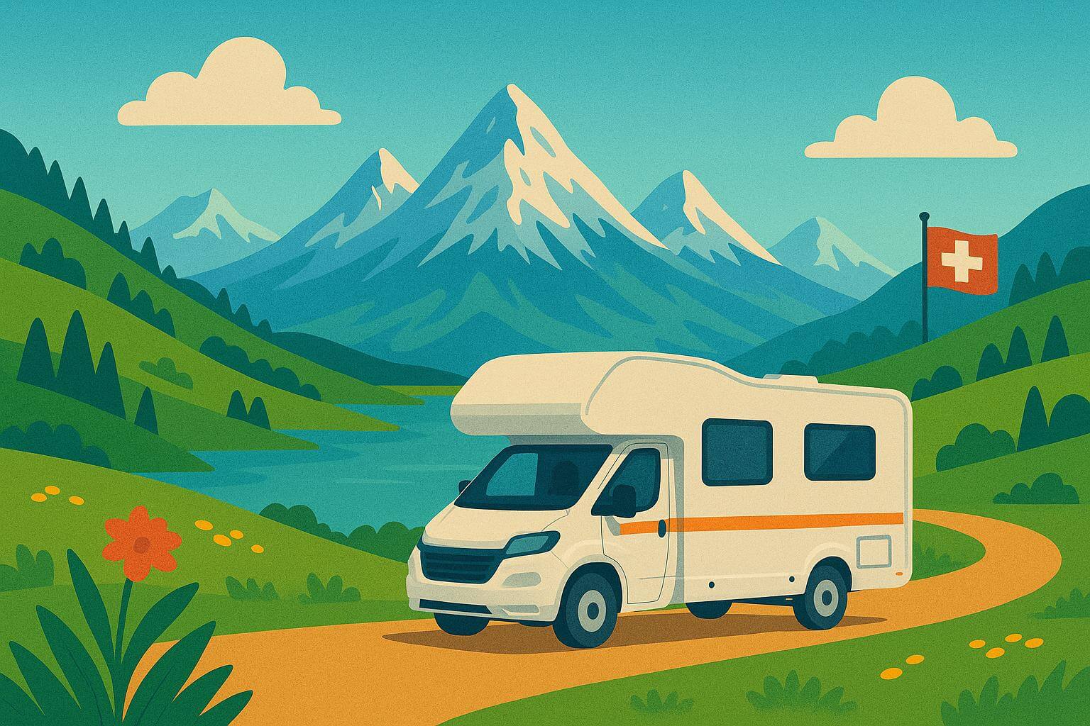 Autocaravana recorriendo Suiza entre montañas nevadas y lago.