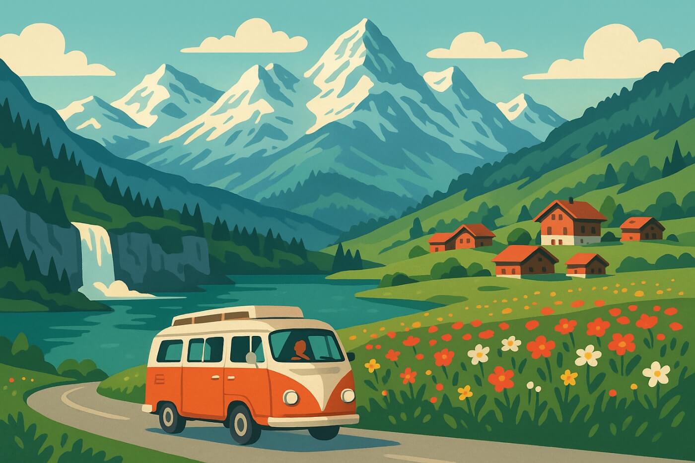 Campervan driving through a Swiss valley with chalets and wildflowers.