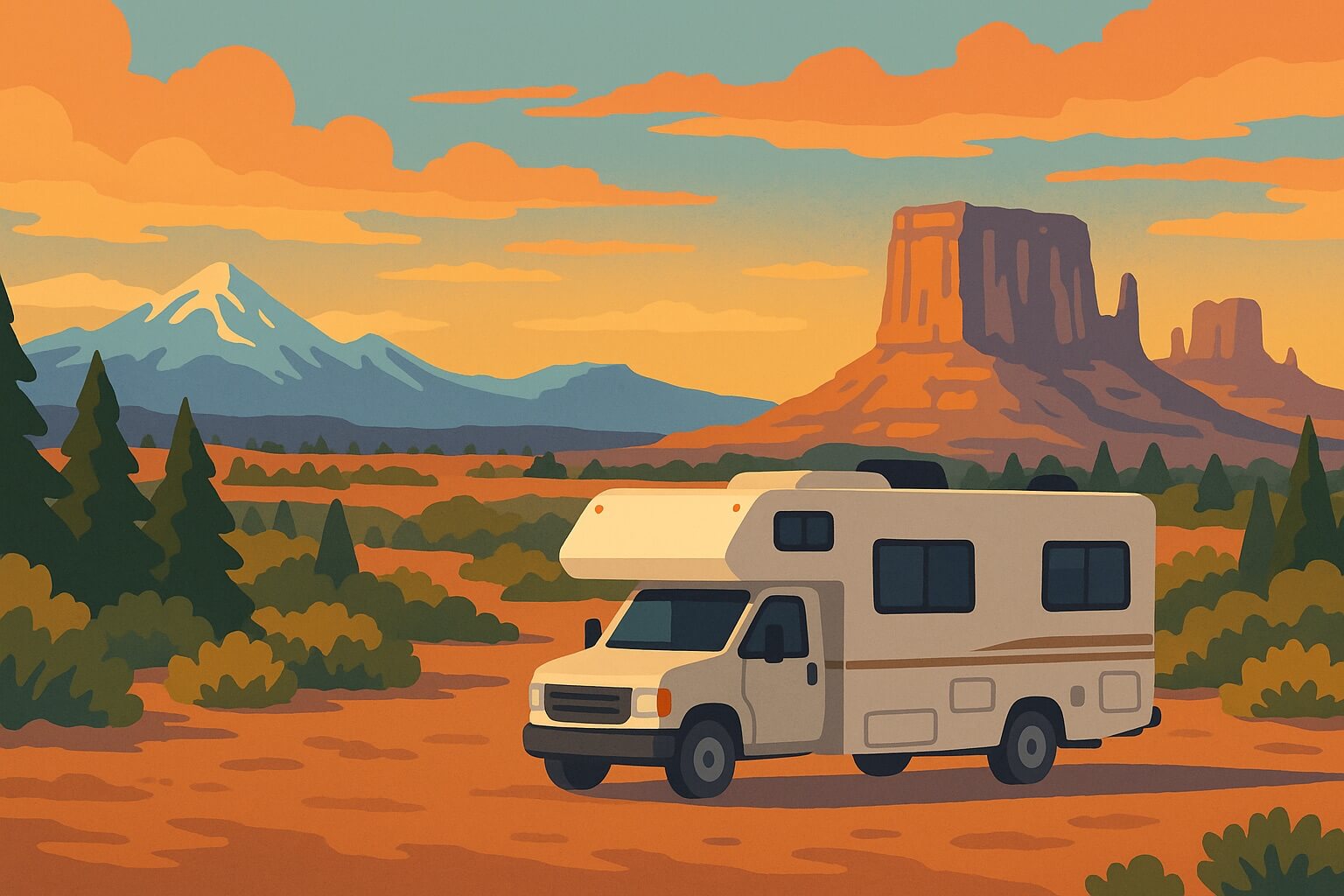 RV boondocking California desert sunset with mesas and distant snowy peak