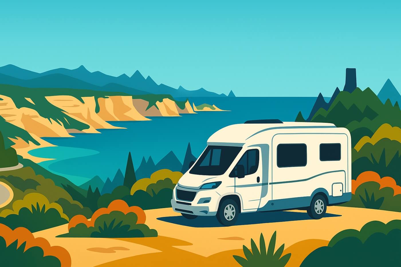 Autocaravana en la costa de Córcega con acantilados y torre genovesa.