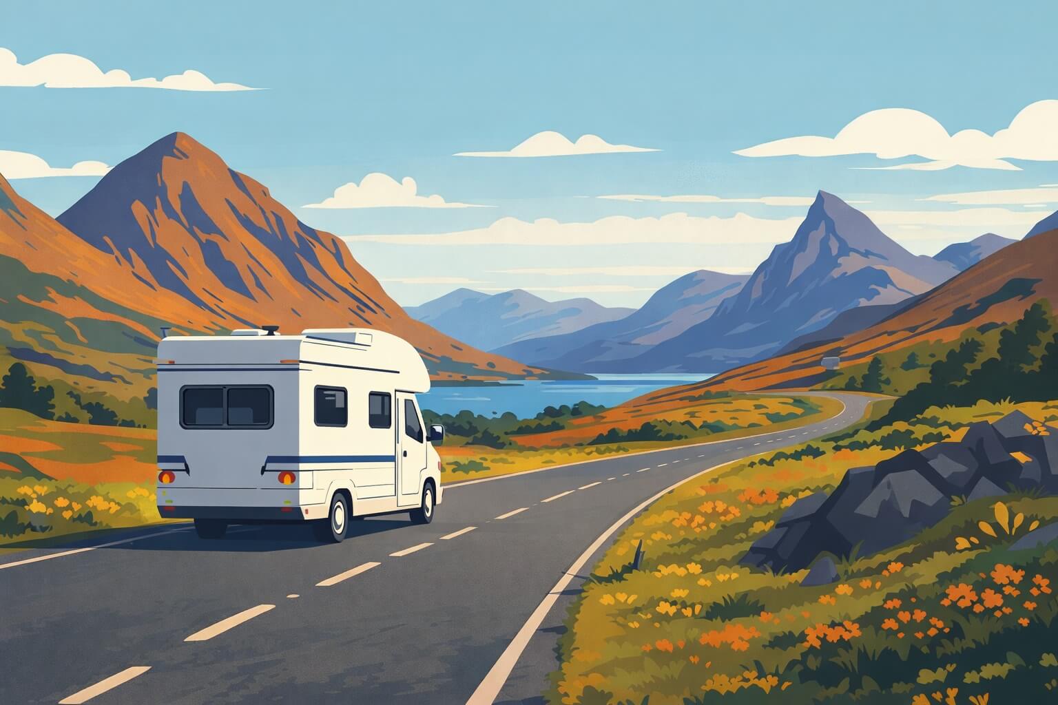 Motorhome on a winding Highland road with mountains and a loch in the background, Scotland.
