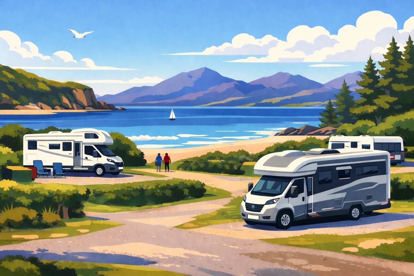 Motorhomes parked at a coastal campsite in Scotland