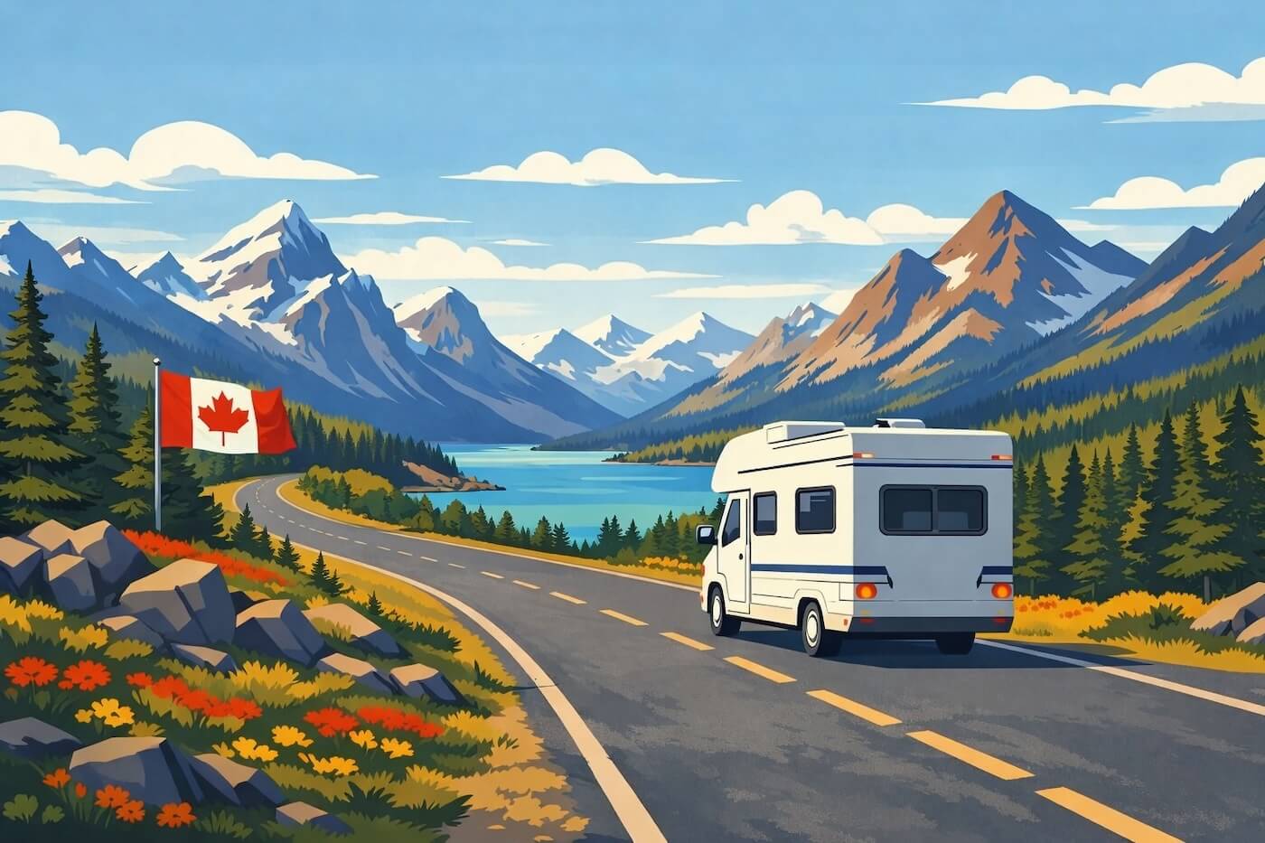 rv driving along a scenic mountain road with a lake in canada