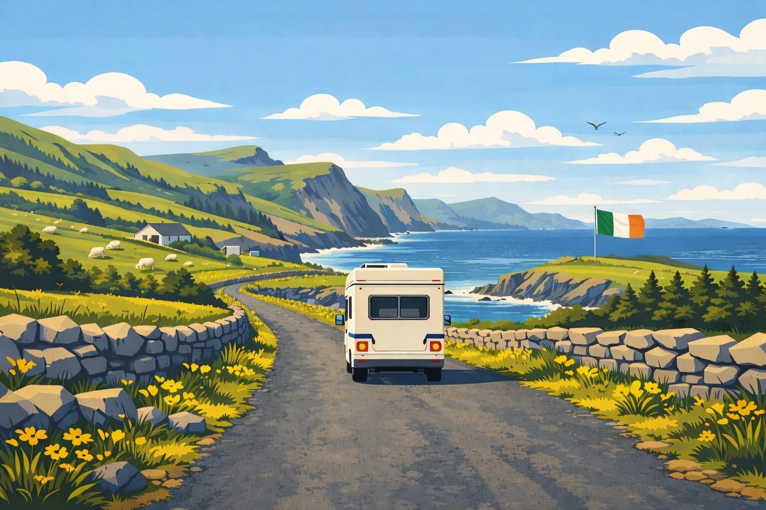 motorhome on a winding rural road overlooking the irish coast and fields