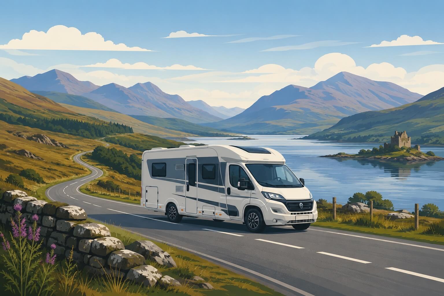 Motorhome driving along a scenic road in the Scottish Highlands, with mountains, a loch and a castle in the background.