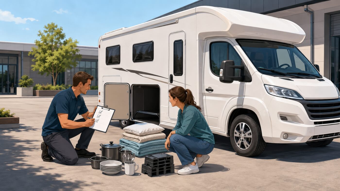 Traveller and rental staff check motorhome equipment during a depot handover.