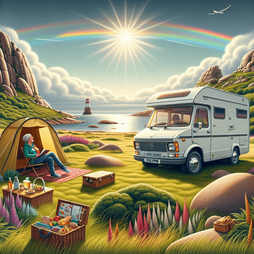 Camper in Aberdeen landscape with sun, rainbow and picnic