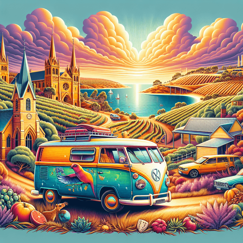 Cheerful campervan in Adelaide landscape with vineyards and sunset