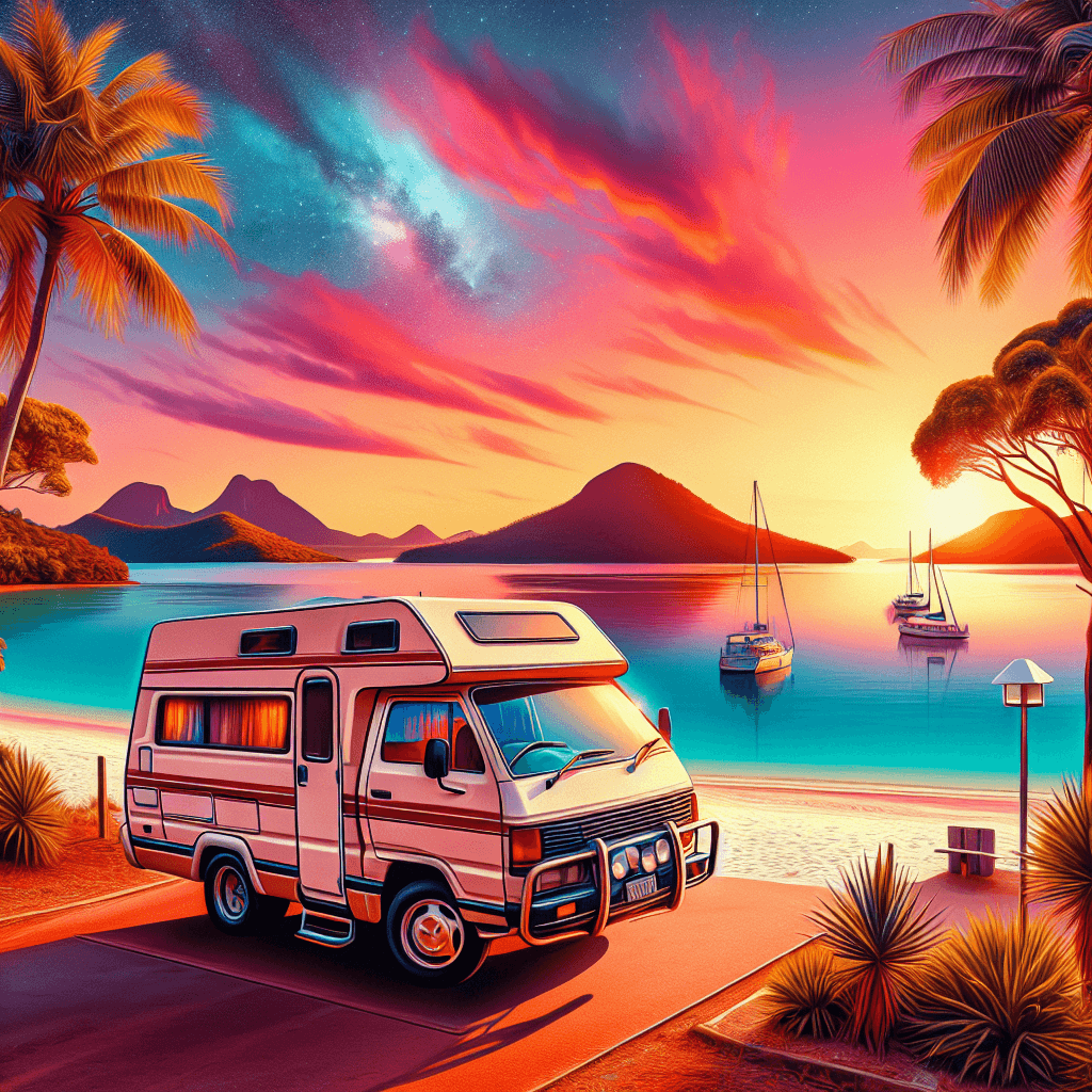 A radiant campervan hire at Airlie beach during sunset