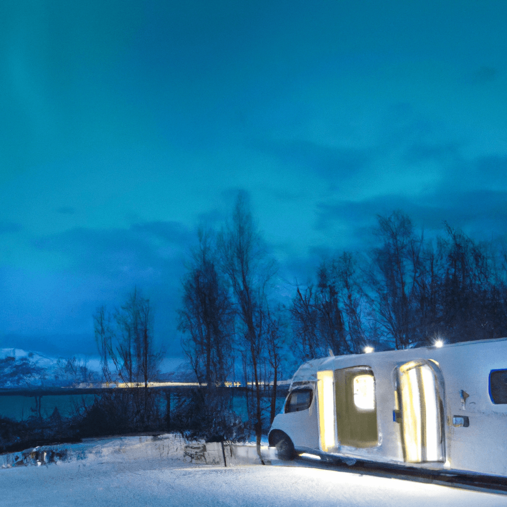 Camper con luces festivas, Auroras Boreales, montañas nevadas