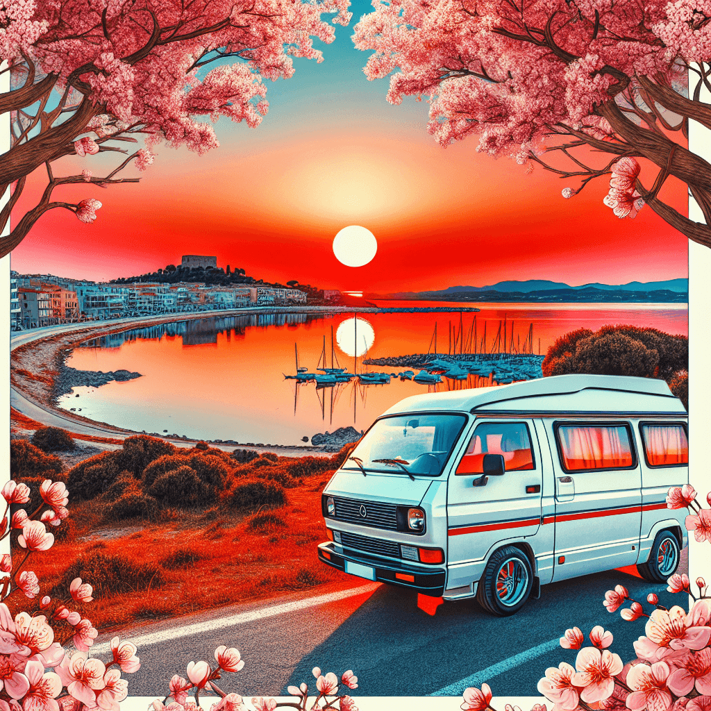 Campervan in Alghero landscape with cherry blossom trees at sunset