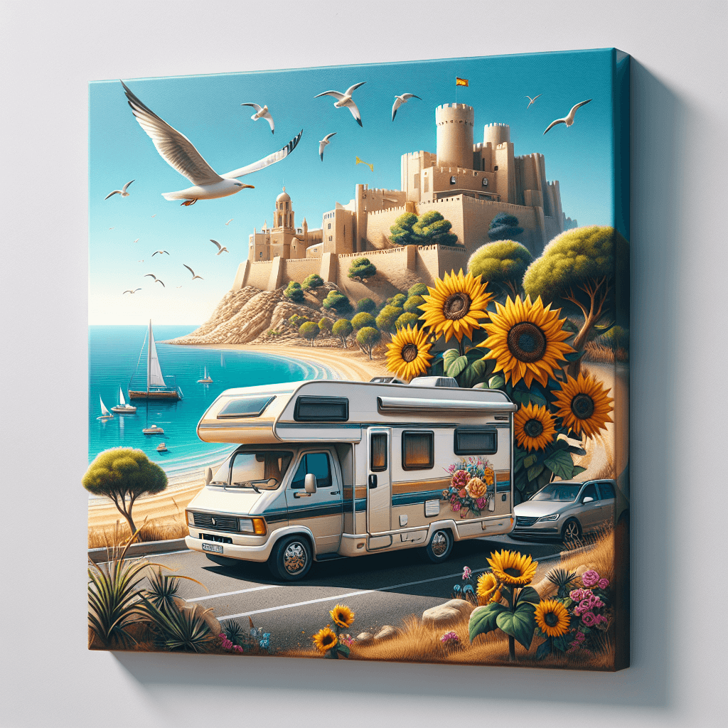 Motorhome parked in Alicante amidst sunflowers and almond trees