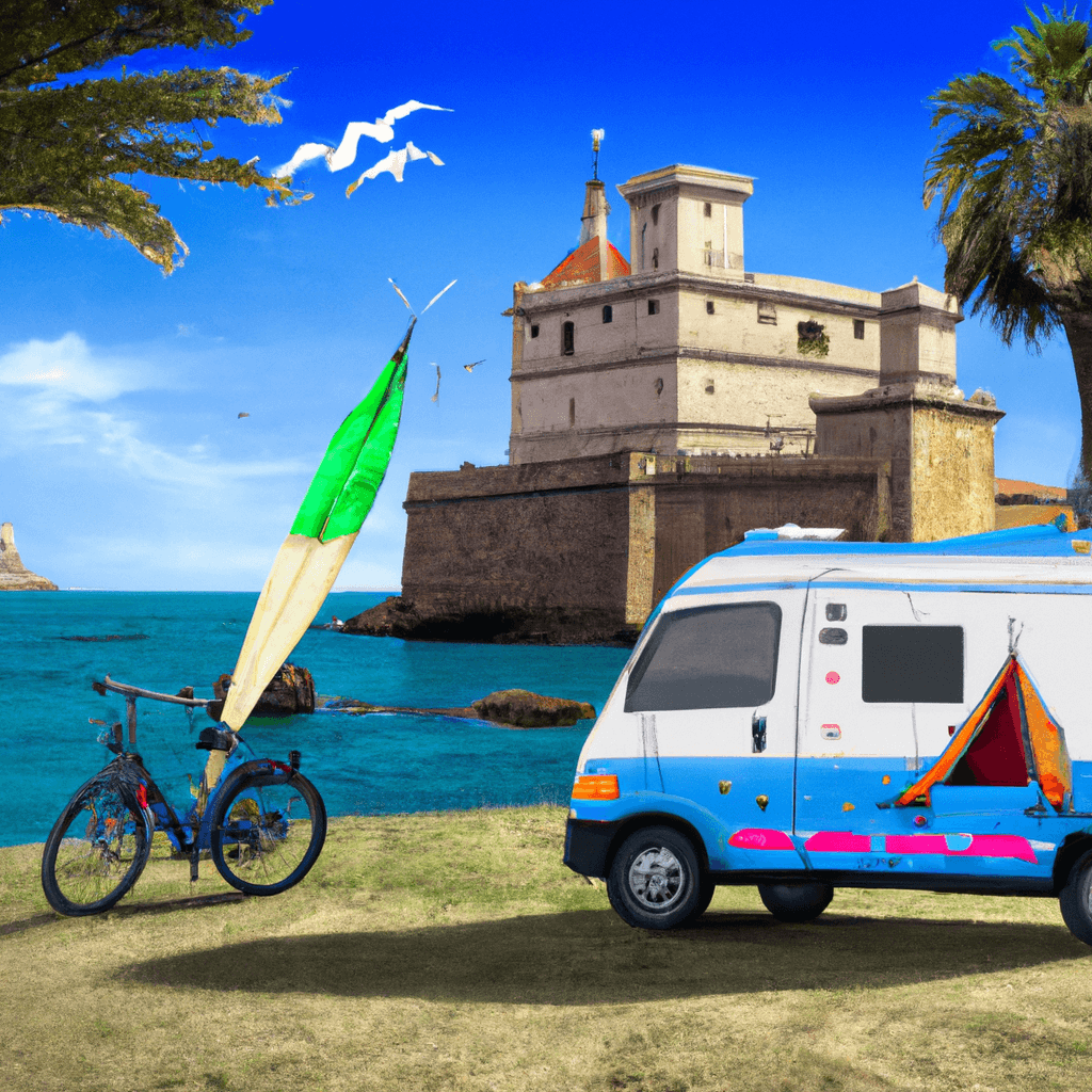 Wohnmobil in Alicante-Landschaft, umgeben von Palmen, Meer und historischem Schloss