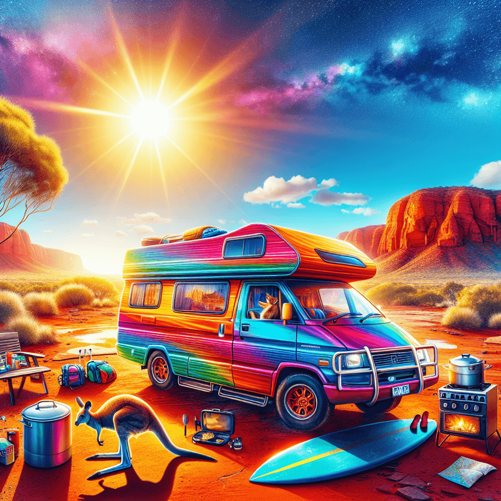 Colourful campervan, kangaroo, surfboard, map, and cooking pot in Alice Springs