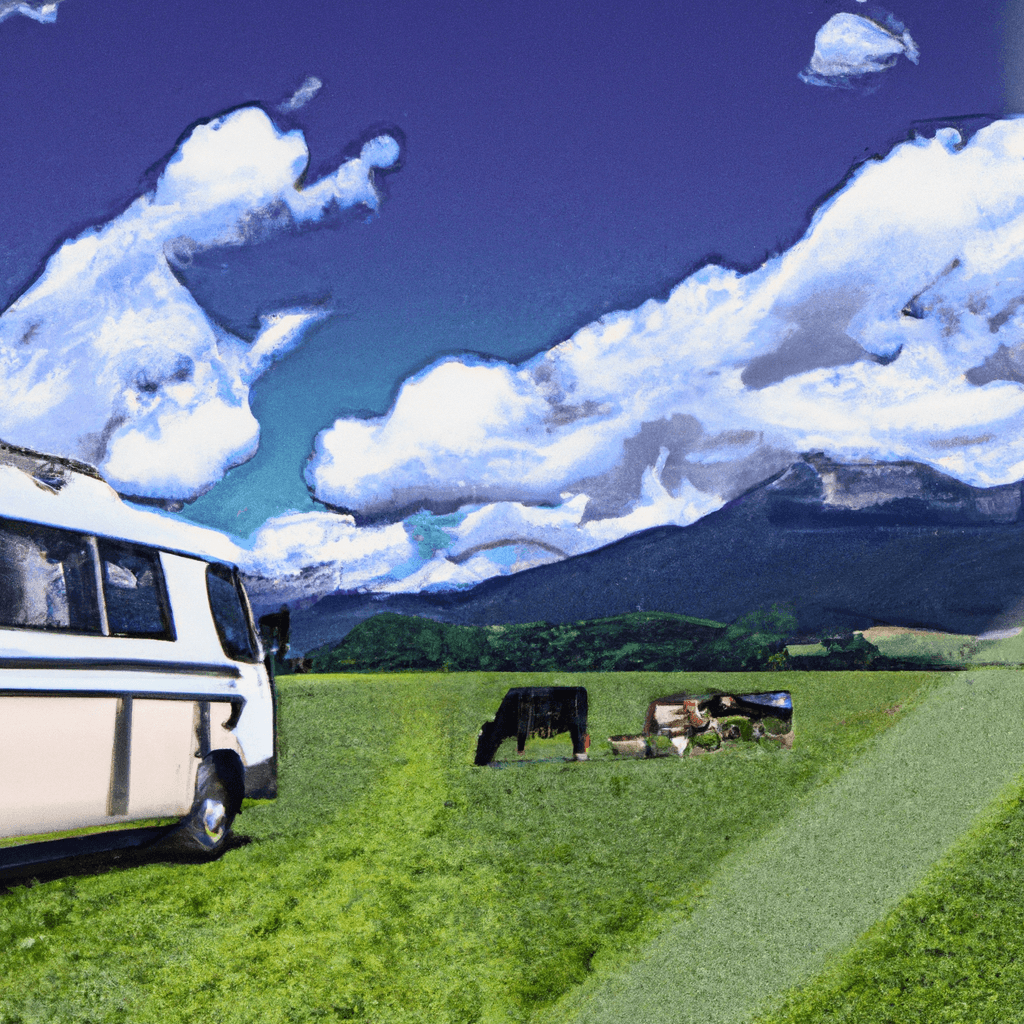 Wohnmobil in Allgäuer Landschaft, grüne Hügel, See, weidende Kühe