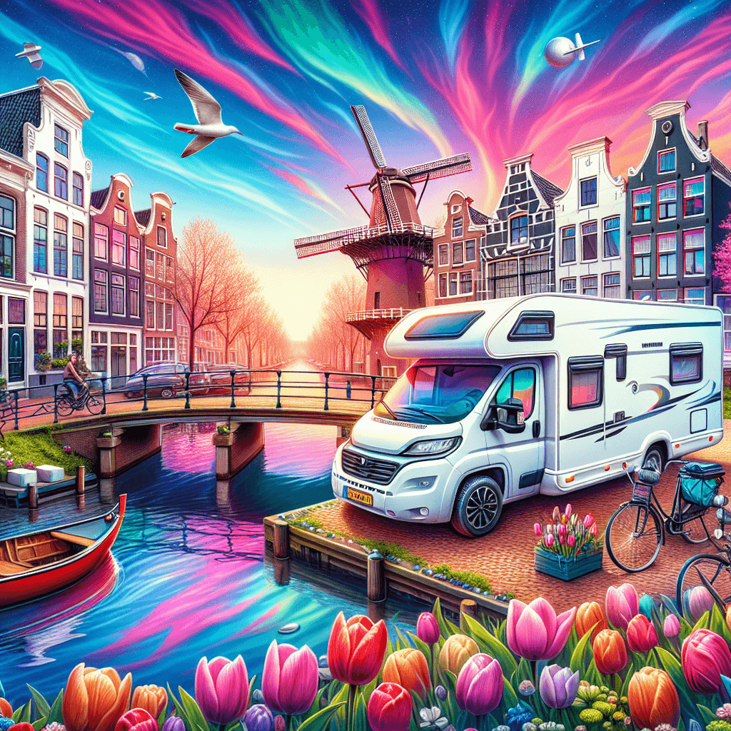 Campervan by charming Amsterdam panorama with cyclists, tulips