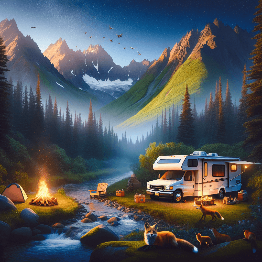 RV in Anchorage, twilight sky, mountains, forest, stream, bonfire, foxes