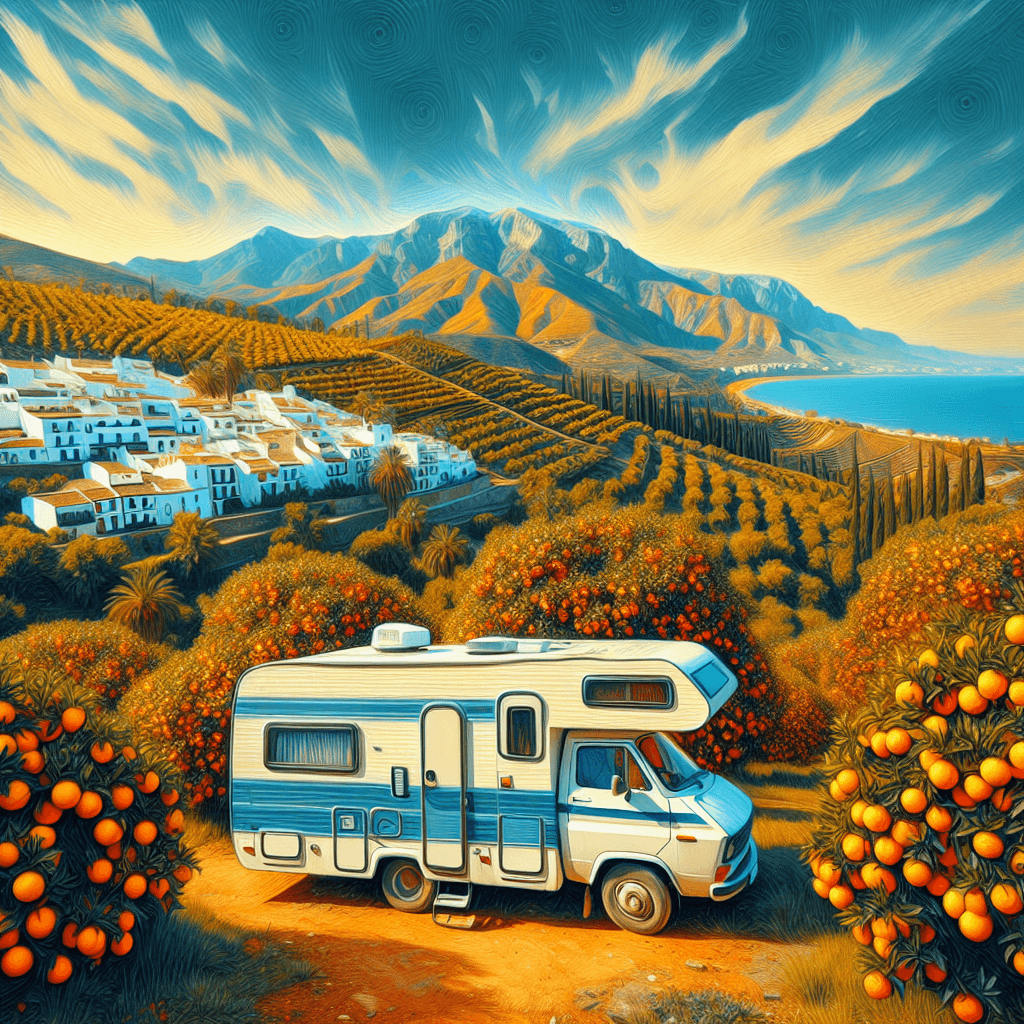 Campervan in Malaga landscape with orange trees, white houses, and Mediterranean Sea.