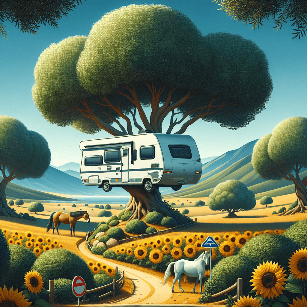 Camper amidst olive grove, horses, sunflowers and Andalucían coast